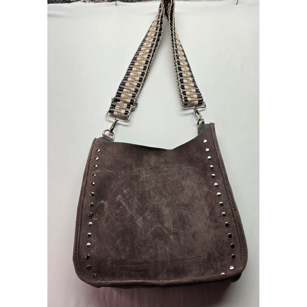 Brown Suede Studded Crossbody Messenger Bag with Woven Guitar Strap Boho